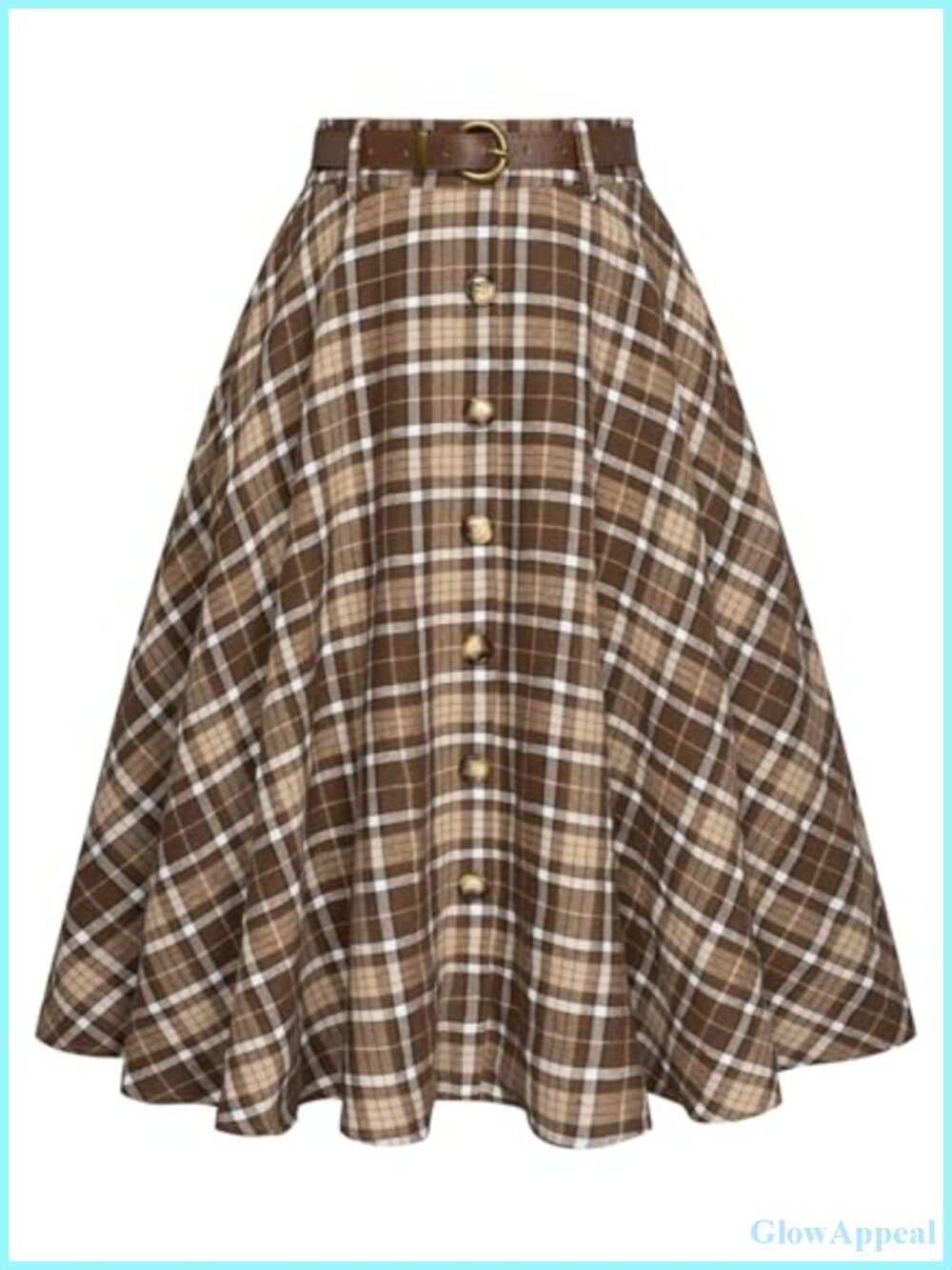 Plaid A-Line Midi Skirt Vintage Pleated Flared with Pockets & Belt